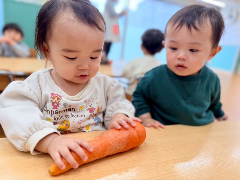 大きなにんじんに触れる子どもたち
