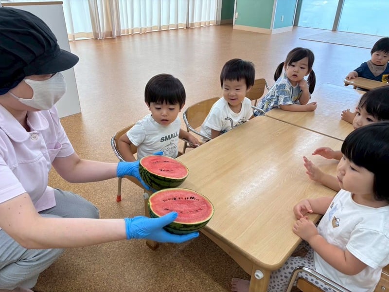 テーブルを囲み、すいかに触れる子どもたち